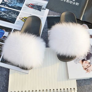Fashion Women Real Genuine Fox Fur Slippers Girls Lovely Fluffy Real Fox Fur Shoes Slides Luxury Brand Real Fox Fur Flat Sandals