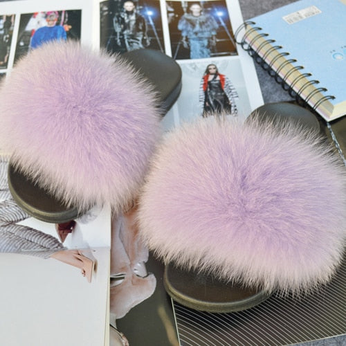 Fashion Women Real Genuine Fox Fur Slippers Girls Lovely Fluffy Real Fox Fur Shoes Slides Luxury Brand Real Fox Fur Flat Sandals