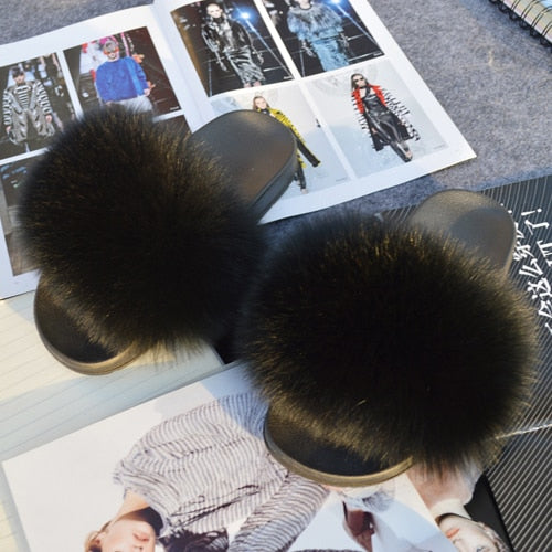 Fashion Women Real Genuine Fox Fur Slippers Girls Lovely Fluffy Real Fox Fur Shoes Slides Luxury Brand Real Fox Fur Flat Sandals
