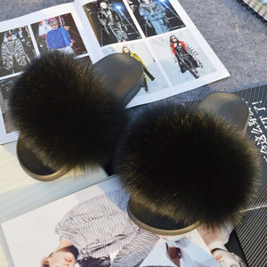 Fashion Women Real Genuine Fox Fur Slippers Girls Lovely Fluffy Real Fox Fur Shoes Slides Luxury Brand Real Fox Fur Flat Sandals