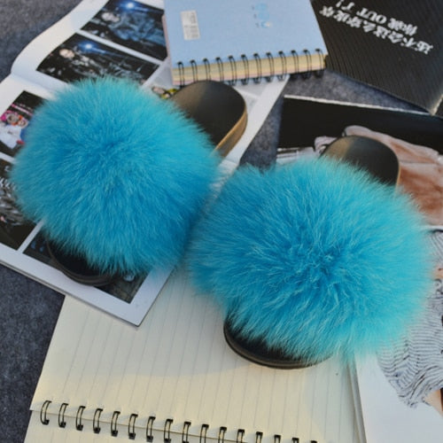 Fashion Women Real Genuine Fox Fur Slippers Girls Lovely Fluffy Real Fox Fur Shoes Slides Luxury Brand Real Fox Fur Flat Sandals