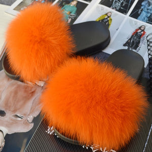 Fashion Women Real Genuine Fox Fur Slippers Girls Lovely Fluffy Real Fox Fur Shoes Slides Luxury Brand Real Fox Fur Flat Sandals