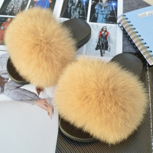Fashion Women Real Genuine Fox Fur Slippers Girls Lovely Fluffy Real Fox Fur Shoes Slides Luxury Brand Real Fox Fur Flat Sandals