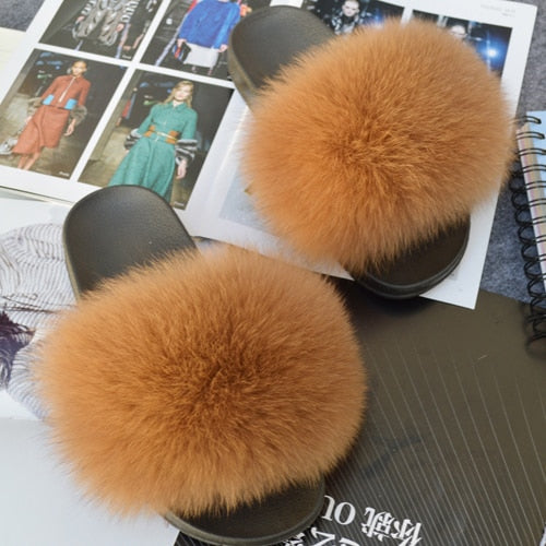 Fashion Women Real Genuine Fox Fur Slippers Girls Lovely Fluffy Real Fox Fur Shoes Slides Luxury Brand Real Fox Fur Flat Sandals