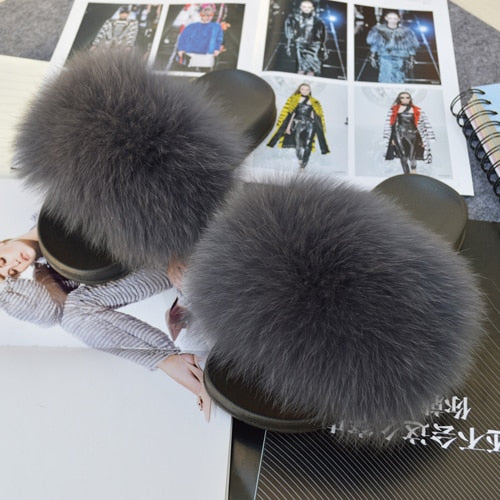 Fashion Women Real Genuine Fox Fur Slippers Girls Lovely Fluffy Real Fox Fur Shoes Slides Luxury Brand Real Fox Fur Flat Sandals