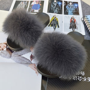 Fashion Women Real Genuine Fox Fur Slippers Girls Lovely Fluffy Real Fox Fur Shoes Slides Luxury Brand Real Fox Fur Flat Sandals