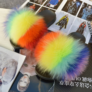 Fashion Women Real Genuine Fox Fur Slippers Girls Lovely Fluffy Real Fox Fur Shoes Slides Luxury Brand Real Fox Fur Flat Sandals