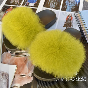 Fashion Women Real Genuine Fox Fur Slippers Girls Lovely Fluffy Real Fox Fur Shoes Slides Luxury Brand Real Fox Fur Flat Sandals