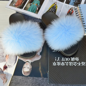 Fashion Women Real Genuine Fox Fur Slippers Girls Lovely Fluffy Real Fox Fur Shoes Slides Luxury Brand Real Fox Fur Flat Sandals