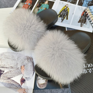 Fashion Women Real Genuine Fox Fur Slippers Girls Lovely Fluffy Real Fox Fur Shoes Slides Luxury Brand Real Fox Fur Flat Sandals