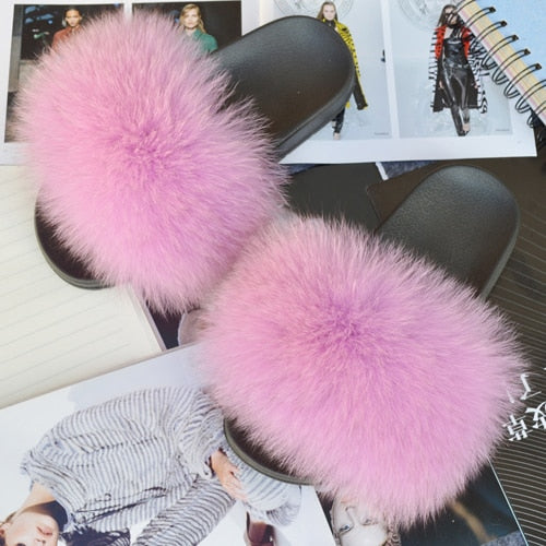 Fashion Women Real Genuine Fox Fur Slippers Girls Lovely Fluffy Real Fox Fur Shoes Slides Luxury Brand Real Fox Fur Flat Sandals