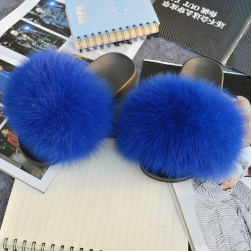 Fashion Women Real Genuine Fox Fur Slippers Girls Lovely Fluffy Real Fox Fur Shoes Slides Luxury Brand Real Fox Fur Flat Sandals