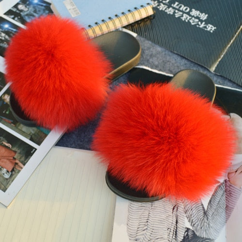 Fashion Women Real Genuine Fox Fur Slippers Girls Lovely Fluffy Real Fox Fur Shoes Slides Luxury Brand Real Fox Fur Flat Sandals