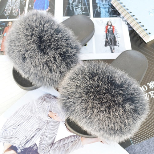 Fashion Women Real Genuine Fox Fur Slippers Girls Lovely Fluffy Real Fox Fur Shoes Slides Luxury Brand Real Fox Fur Flat Sandals