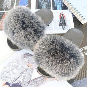 Fashion Women Real Genuine Fox Fur Slippers Girls Lovely Fluffy Real Fox Fur Shoes Slides Luxury Brand Real Fox Fur Flat Sandals