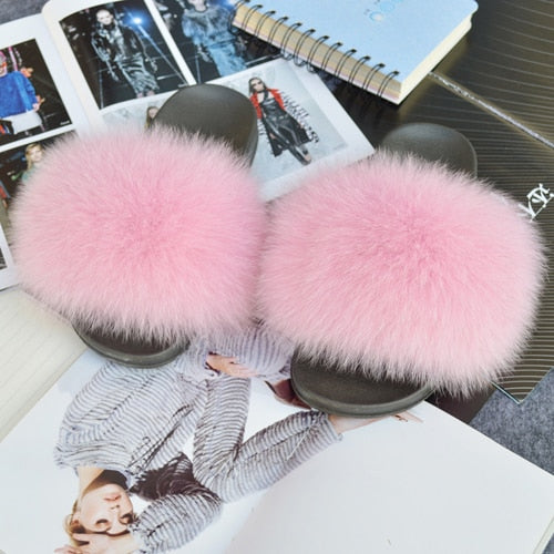 Fashion Women Real Genuine Fox Fur Slippers Girls Lovely Fluffy Real Fox Fur Shoes Slides Luxury Brand Real Fox Fur Flat Sandals