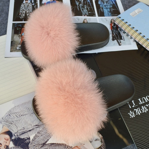 Fashion Women Real Genuine Fox Fur Slippers Girls Lovely Fluffy Real Fox Fur Shoes Slides Luxury Brand Real Fox Fur Flat Sandals
