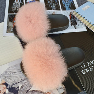 Fashion Women Real Genuine Fox Fur Slippers Girls Lovely Fluffy Real Fox Fur Shoes Slides Luxury Brand Real Fox Fur Flat Sandals