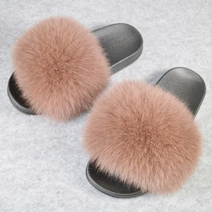 Fashion Women Real Genuine Fox Fur Slippers Girls Lovely Fluffy Real Fox Fur Shoes Slides Luxury Brand Real Fox Fur Flat Sandals