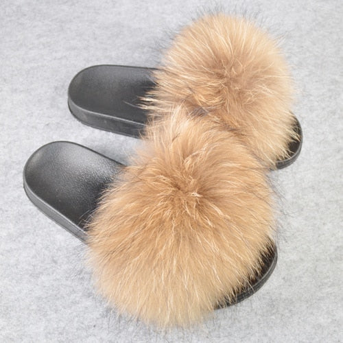 Fashion Women Real Genuine Fox Fur Slippers Girls Lovely Fluffy Real Fox Fur Shoes Slides Luxury Brand Real Fox Fur Flat Sandals
