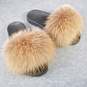 Fashion Women Real Genuine Fox Fur Slippers Girls Lovely Fluffy Real Fox Fur Shoes Slides Luxury Brand Real Fox Fur Flat Sandals