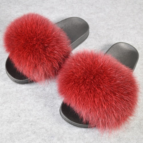Fashion Women Real Genuine Fox Fur Slippers Girls Lovely Fluffy Real Fox Fur Shoes Slides Luxury Brand Real Fox Fur Flat Sandals