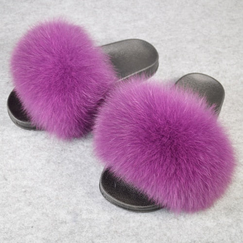 Fashion Women Real Genuine Fox Fur Slippers Girls Lovely Fluffy Real Fox Fur Shoes Slides Luxury Brand Real Fox Fur Flat Sandals