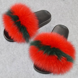 Fashion Women Real Genuine Fox Fur Slippers Girls Lovely Fluffy Real Fox Fur Shoes Slides Luxury Brand Real Fox Fur Flat Sandals