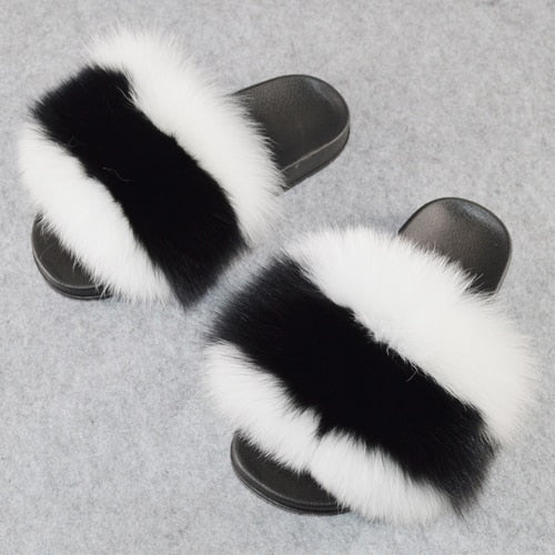 Fashion Women Real Genuine Fox Fur Slippers Girls Lovely Fluffy Real Fox Fur Shoes Slides Luxury Brand Real Fox Fur Flat Sandals