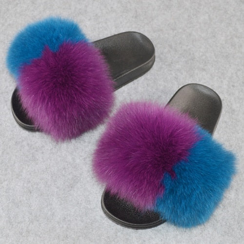 Fashion Women Real Genuine Fox Fur Slippers Girls Lovely Fluffy Real Fox Fur Shoes Slides Luxury Brand Real Fox Fur Flat Sandals
