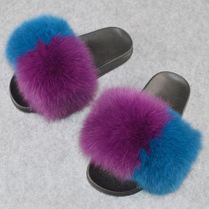 Fashion Women Real Genuine Fox Fur Slippers Girls Lovely Fluffy Real Fox Fur Shoes Slides Luxury Brand Real Fox Fur Flat Sandals