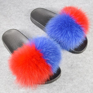 Fashion Women Real Genuine Fox Fur Slippers Girls Lovely Fluffy Real Fox Fur Shoes Slides Luxury Brand Real Fox Fur Flat Sandals
