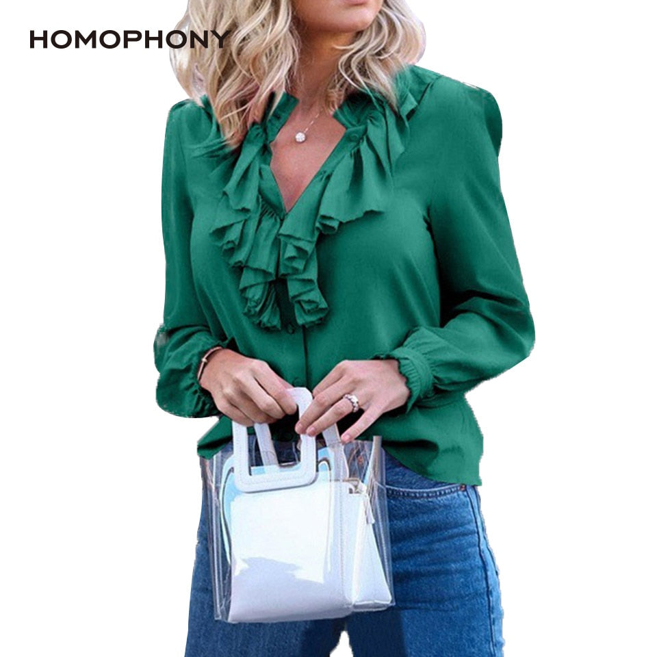 Homophony Women Blouse Elegant Fashion Ruffles Solid V Neck Vintage Women Tops Long Sleeve Spring and Summer Office Lady