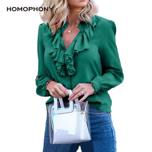 Homophony Women Blouse Elegant Fashion Ruffles Solid V Neck Vintage Women Tops Long Sleeve Spring and Summer Office Lady