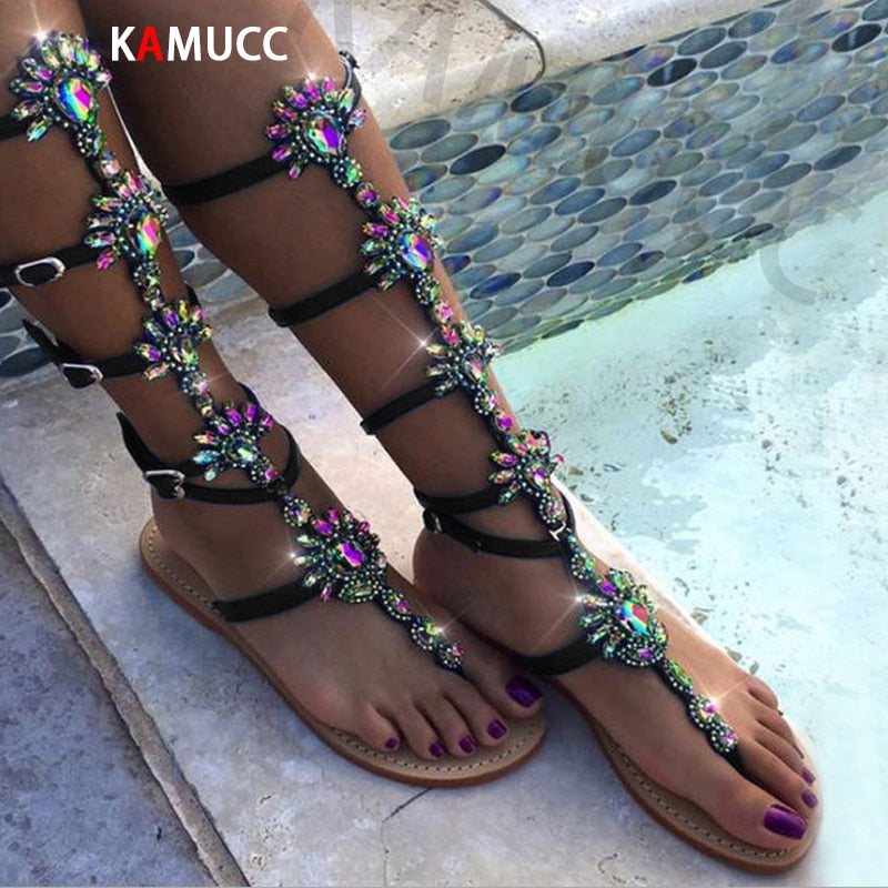 Summer Flats Sandal Gladiator Gold Rhinestone Knee High Buckle Strap Woman Boots Crystal Beach Shoes Plus size 43