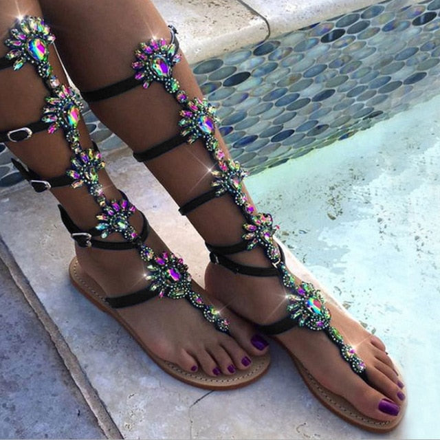 Summer Flats Sandal Gladiator Gold Rhinestone Knee High Buckle Strap Woman Boots Crystal Beach Shoes Plus size 43