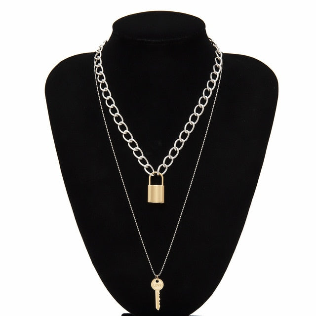 Ingemark Multi Layer Lover Lock Pendant Choker Necklace Steampunk Padlock Heart Chain Necklace Collier Best Couple Jewelry Gift