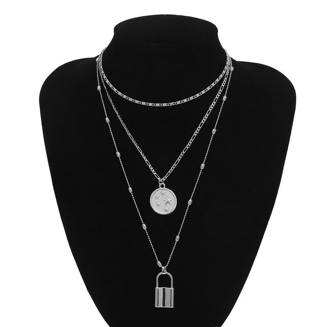 Ingemark Multi Layer Lover Lock Pendant Choker Necklace Steampunk Padlock Heart Chain Necklace Collier Best Couple Jewelry Gift