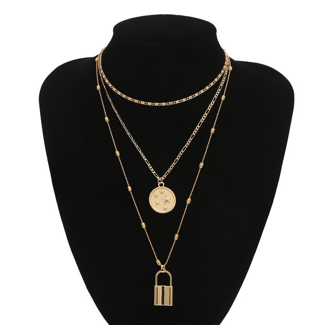 Ingemark Multi Layer Lover Lock Pendant Choker Necklace Steampunk Padlock Heart Chain Necklace Collier Best Couple Jewelry Gift