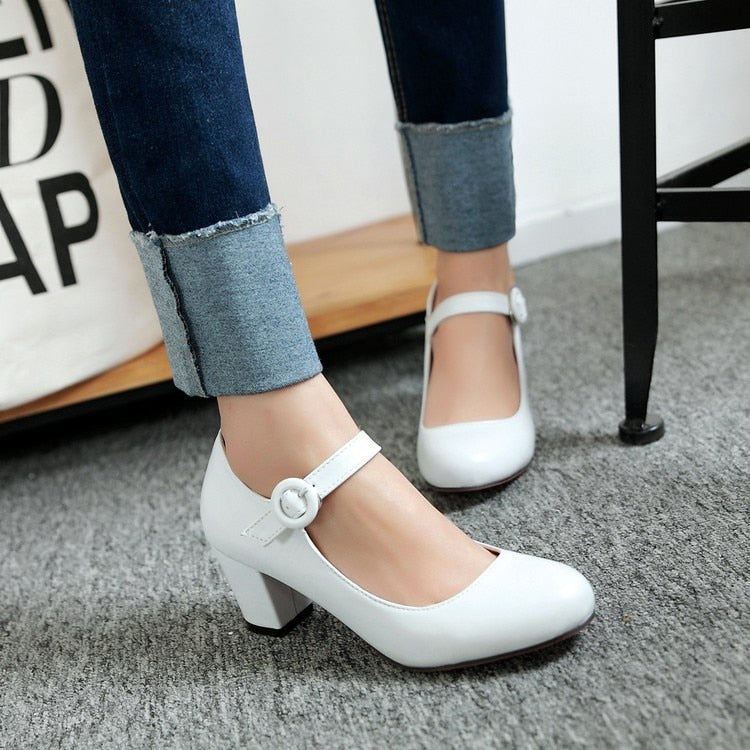 2020  Women Shoes Mary Jane Ladies Round Toe High Heels White Wedding Shoes Thick Heel Pumps Lady Shoes Black Pink Plus size