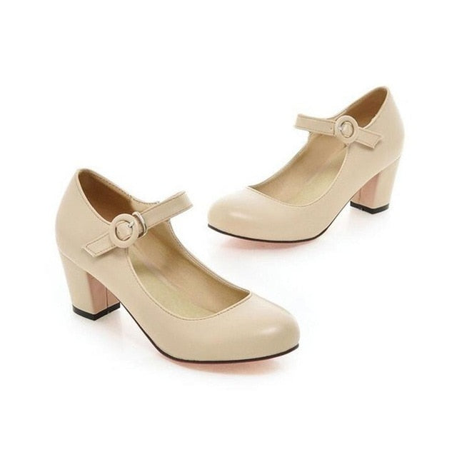 2020  Women Shoes Mary Jane Ladies Round Toe High Heels White Wedding Shoes Thick Heel Pumps Lady Shoes Black Pink Plus size