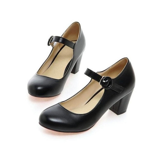 2020  Women Shoes Mary Jane Ladies Round Toe High Heels White Wedding Shoes Thick Heel Pumps Lady Shoes Black Pink Plus size