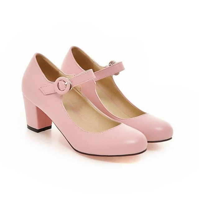 2020  Women Shoes Mary Jane Ladies Round Toe High Heels White Wedding Shoes Thick Heel Pumps Lady Shoes Black Pink Plus size