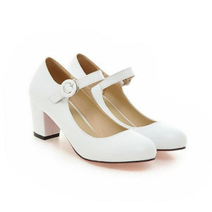 2020  Women Shoes Mary Jane Ladies Round Toe High Heels White Wedding Shoes Thick Heel Pumps Lady Shoes Black Pink Plus size