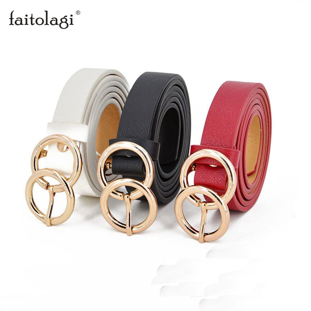 Thin Female Circle Buckles Black Belt Deduction Side Gold Buckle Jeans Belts Women Girls Double Ring Buckle Leather Waist Belt