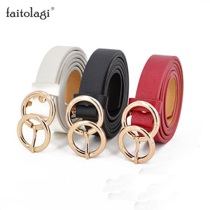 Thin Female Circle Buckles Black Belt Deduction Side Gold Buckle Jeans Belts Women Girls Double Ring Buckle Leather Waist Belt