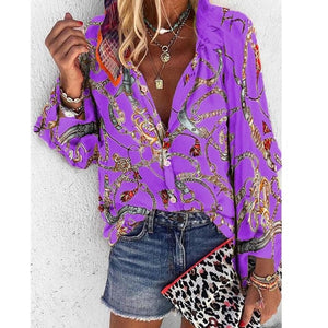 2020 New Design Plus Size Women Blouse V-neck Long Sleeve Chains Print Loose casual Shirts Womens Tops And Blouses