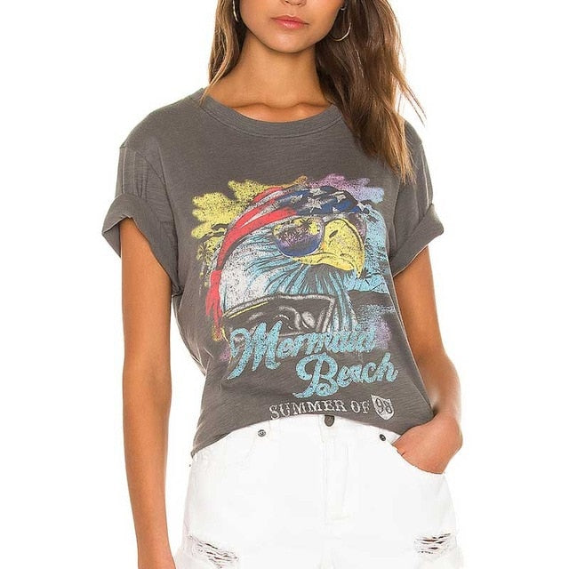Boho inspired vintage rock and roll t shirts for women gray O-neck summer t shirt casual graphic tee women new women tops 2020