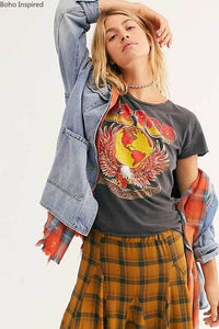Boho inspired vintage rock and roll t shirts for women gray O-neck summer t shirt casual graphic tee women new women tops 2020