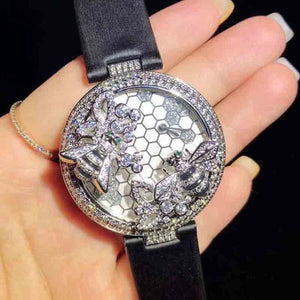 Luxury Top Brand Handmade Leather Strap Zircon Stone Double Bee Green Eyes Woman Wristwatch Round Dial Lady Quartz Watch